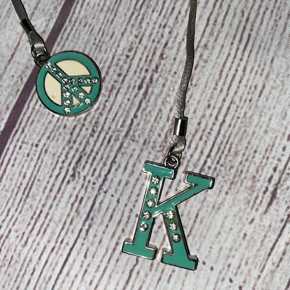 Monogram decorative K charm w/peace sign green & silver colors - Picture 2 of 4